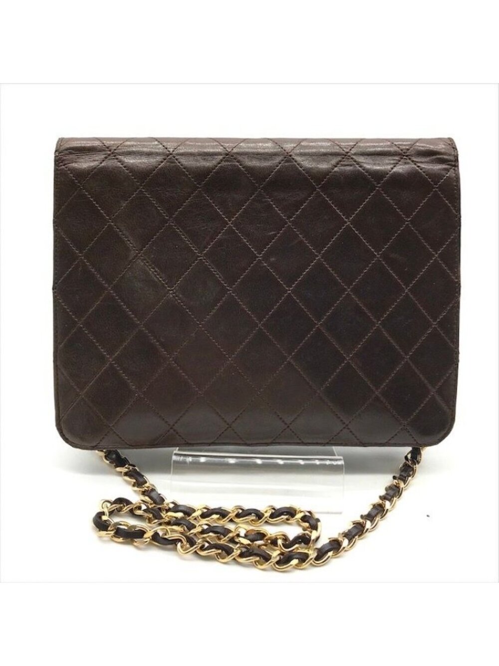 Chanel CC Logo Quilted Lambskin Chain Shoulder Bag Push Lock Brown - Picture 2 of 10